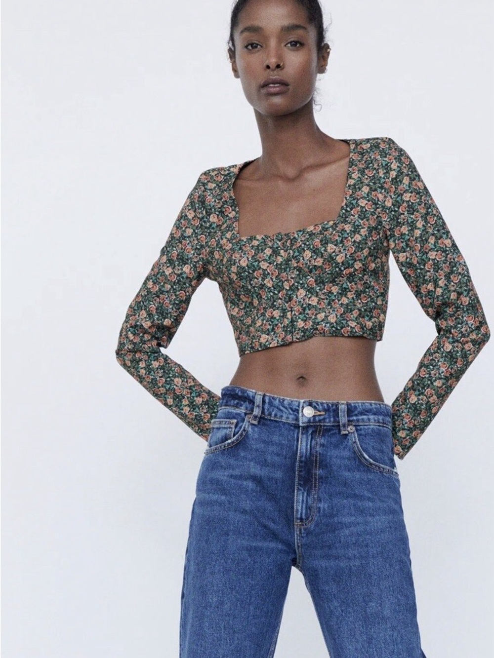 Zara Floral Corset Crop Top XS Green Pink Rose Print Square Neck Cottagecore - Picture 9 of 16